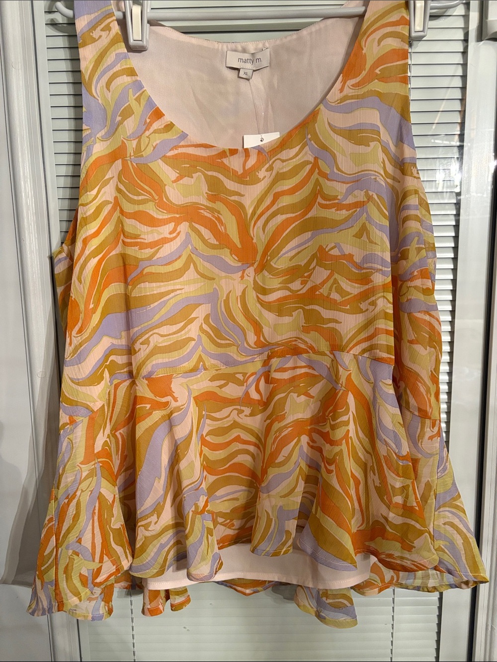 Matty M Orange Lavender Abstract Printed Sleeveless Peplum Camisole